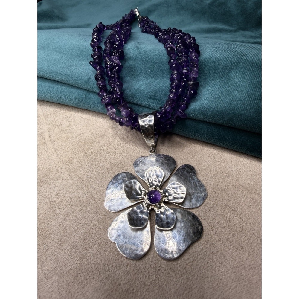 925 Sterling Silver Natural Amethyst Chip‎ Multi Strand Flower Pendant Necklace